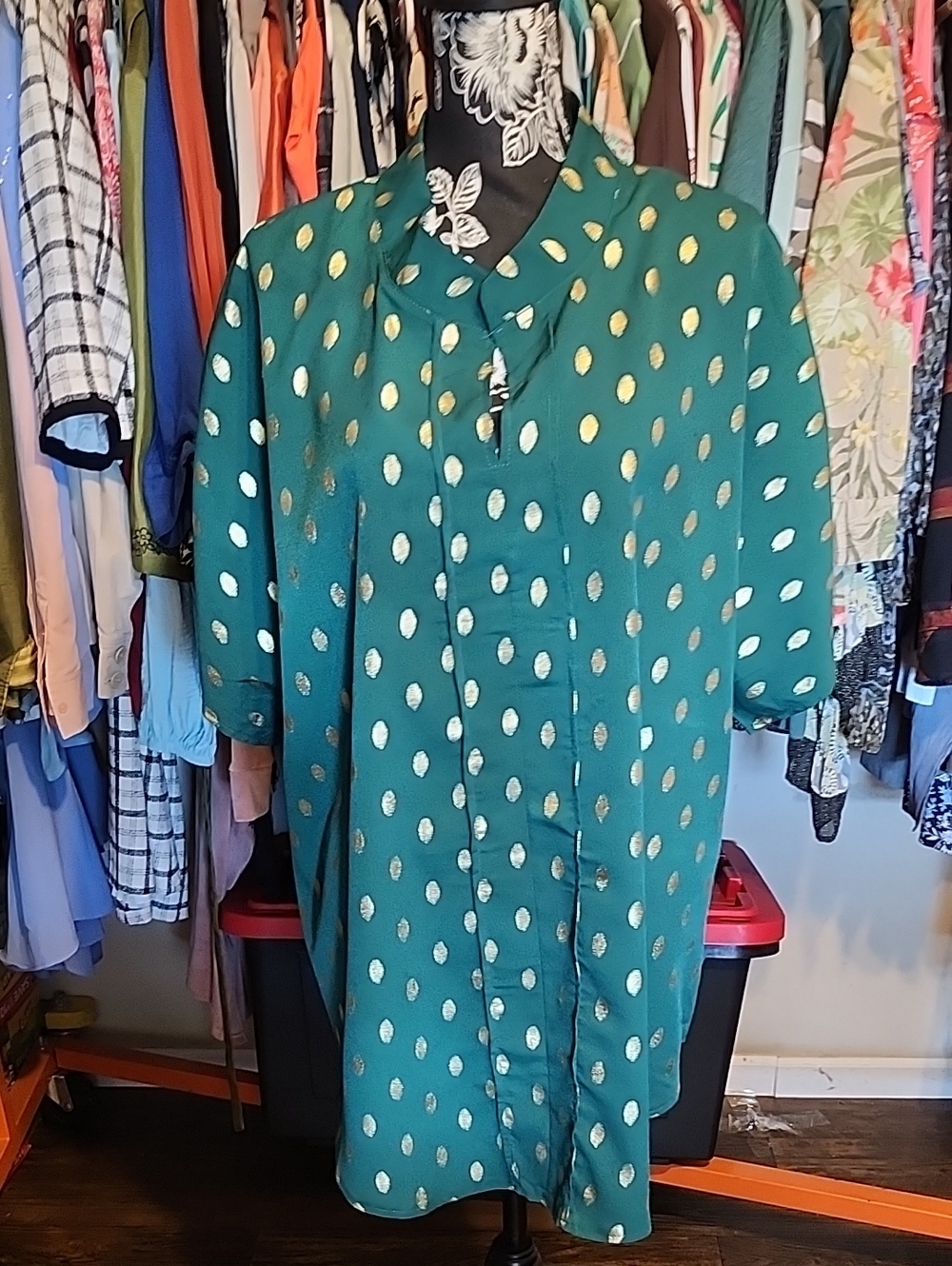 SHEIN Teal Button-Down Shirt with Gold Polka Dots